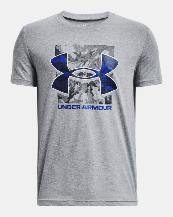Boys' UA Box Logo Camo Short Sleeve in Gray image number 0